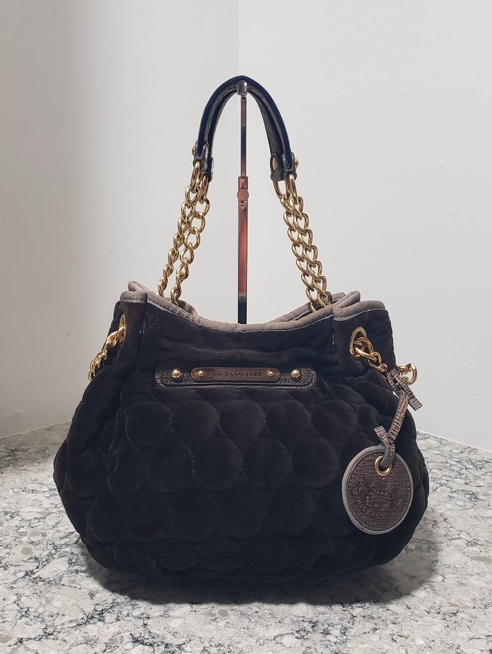 Juicy Couture Y2K Vintage Velour Quilted Daydreamer Shoulder Bag w/ Gold Chain